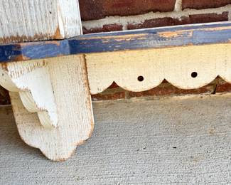 #020		Vintage rustic farmhouse-style wooden birdhouse shelf with two houses and a distressed finish 31”l x 18.5”t x 6”d	 $ 32.00 																						
