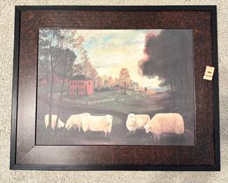 #030		Primitive American Folk Art “Rogues Bluff Farm" by Elizabeth Gilkey in wide painted frame 30.5”w x 24.5”	 $ 38.00 																						