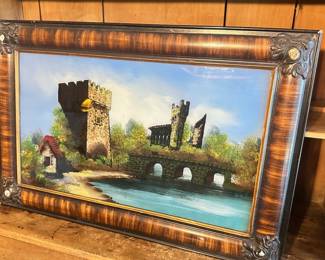 #015		Antique Reverse Painted (on glass) Clare Castle. Mother of Pearl-like inlay. Gorgeous! 29.5”w  x 19.5”t	 $ 85.00 																						