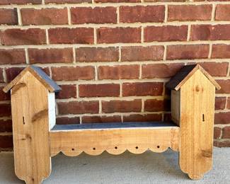#020		Vintage rustic farmhouse-style wooden birdhouse shelf with two houses and a distressed finish 31”l x 18.5”t x 6”d	 $ 32.00 																						