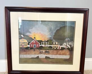 #029		Litho Art Print Country Folk Painting by Barbara A. Palmer A Charming Look At A Quiet Town” Frame mis-aligned in top right corner (shown in picture). 27.5x23.5	 $ 26.00 																						