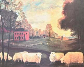 #030		Primitive American Folk Art “Rogues Bluff Farm" by Elizabeth Gilkey in wide painted frame 30.5”w x 24.5”	 $ 38.00 																						