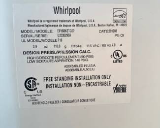 #022		"Clean and Cold! Whirlpool Household Freezer Model EV160NZTQ02 Bring help to move!! 27”d x 30”w x 60”h Per Google “The Whirlpool upright freezer EV160NZTQ02 has a capacity of 15.8 cubic feet”"	 $ 190.00 																						