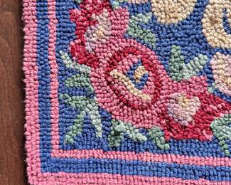 #031		Vintage Tufted Machine Made Rug. Blue w Red/Pink Floral 66”L x 42”W Beautiful, vivid colors. Fabric backing shows some wear.	 $ 55.00 																						
