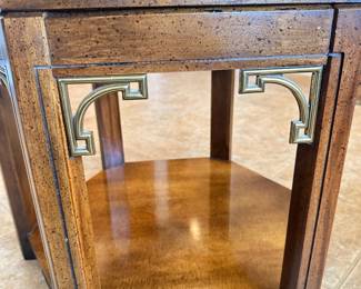 #013		Vintage Campaign-style hexagonal side table with glass top and brass fretwork detailing and 1 shelf. watermark on bottom shelf (shown in photo) 23-26” w x20”h	 $ 60.00 																						