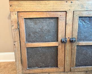 #010		Primitive American Pie Safe w Hutch Punched Aluminum Cabinet Doors . Square Nailheads, Worm Wood Look. 1 Pc Heavy! 42.5Wx 8”Dx 72.5”H	 $ 375.00 																						