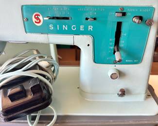#023		Iconic Seafoam Green Vintage Singer Sewing Machine Model 347 w Pedal, Case and Manual UNTESTED!	 $ 35.00 																						