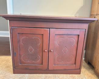 #016		"Americana primitive-style rustic red wooden pie safe cabinet with punched door panels Free standing also has hardware attached for wall hanging. 33.5w x 10.5d x 25t"	 $ 120.00 																						