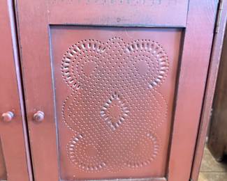 #016		"Americana primitive-style rustic red wooden pie safe cabinet with punched door panels Free standing also has hardware attached for wall hanging. 33.5w x 10.5d x 25t"	 $ 120.00 																						
