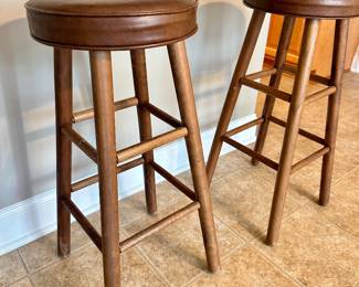 #045 Pair 29” Vintage Wooden Bar Height Stools w Faux Warm Brown Leather Top 29”h x 14.5”w seat 12.5” round $25