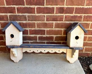 #020		Vintage rustic farmhouse-style wooden birdhouse shelf with two houses and a distressed finish 31”l x 18.5”t x 6”d	 $ 32.00 																						