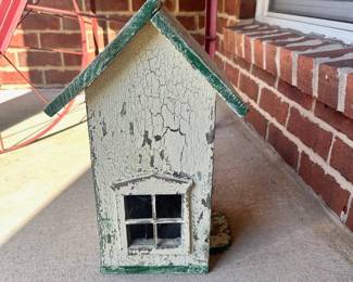 #019		Handmade Chapel-style birdhouse with rustic, distressed Green and White painted finish 16.5”t x 10.5”w	 $ 20.00 																						