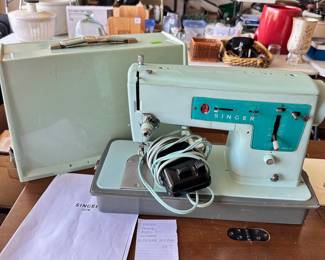 #023		Iconic Seafoam Green Vintage Singer Sewing Machine Model 347 w Pedal, Case and Manual UNTESTED!	 $ 35.00 																						