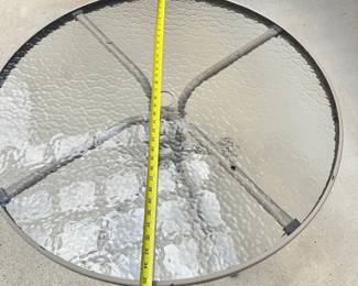 #009		Round Glass Top Patio Table w Metal Base 36”. As is finish on frame	 $ 32.00 																						