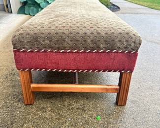 #040 Large upholstered bench. Padded. Red/Gold w diamond pattern. AS IS Wood finish 62.5"w x 22.5"d x 15.5"h $35.00