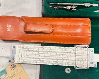 #038		"Lot of Vintage Drafting Tools Tacro drafting tool kit 2336 Wrico pen no. 6 AR (lettering pen) Keuffel & Esser (K&E) slide ruler w case IBM flow chart form Wrico Lettering Guide"	 $ 75.00 																						