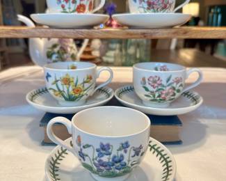 #051 Set of 5 Portmeirion Botanic Garden Flower of the Month Footed Teacups and Saucers $60
