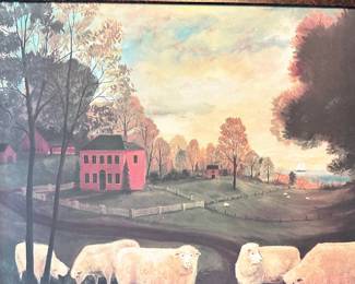 #030		Primitive American Folk Art “Rogues Bluff Farm" by Elizabeth Gilkey in wide painted frame 30.5”w x 24.5”	 $ 38.00 																						