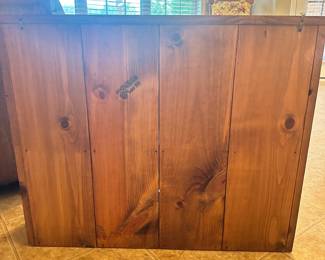 #016		"Americana primitive-style rustic red wooden pie safe cabinet with punched door panels Free standing also has hardware attached for wall hanging. 33.5w x 10.5d x 25t"	 $ 120.00 																						