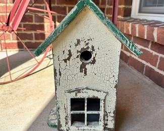 #019		Handmade Chapel-style birdhouse with rustic, distressed Green and White painted finish 16.5”t x 10.5”w	 $ 20.00 																						