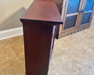 #016		"Americana primitive-style rustic red wooden pie safe cabinet with punched door panels Free standing also has hardware attached for wall hanging. 33.5w x 10.5d x 25t"	 $ 120.00 																						