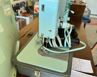 #023		Iconic Seafoam Green Vintage Singer Sewing Machine Model 347 w Pedal, Case and Manual UNTESTED!	 $ 35.00 																						