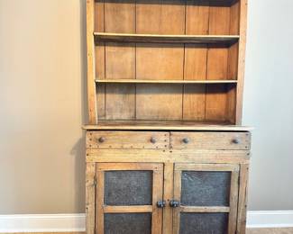 #010		Primitive American Pie Safe w Hutch Punched Aluminum Cabinet Doors . Square Nailheads, Worm Wood Look. 1 Pc Heavy! 42.5Wx 8”Dx 72.5”H	 $ 375.00 		