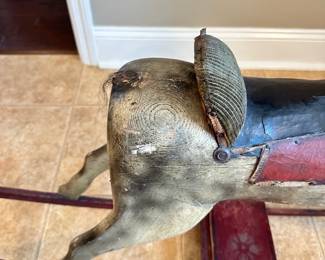 #032		Antique Primitive Wooden Glider Rocking Horse. Dappled Gray 1890s-early 1900s. As is footboard 26”h x 42”w	 $ 300.00 																						