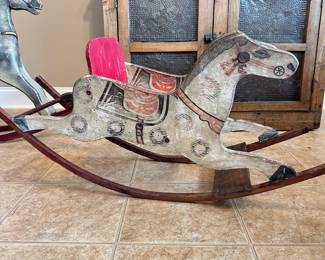 #033		Primitive wooden "shoo-fly" style rocking horse early 20th century 18.5”h x 38.5”l	 $ 350.00 																						