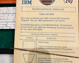 #038		"Lot of Vintage Drafting Tools Tacro drafting tool kit 2336 Wrico pen no. 6 AR (lettering pen) Keuffel & Esser (K&E) slide ruler w case IBM flow chart form Wrico Lettering Guide"	 $ 75.00 																						