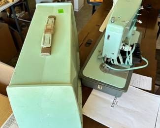 #023		Iconic Seafoam Green Vintage Singer Sewing Machine Model 347 w Pedal, Case and Manual UNTESTED!	 $ 35.00 																						