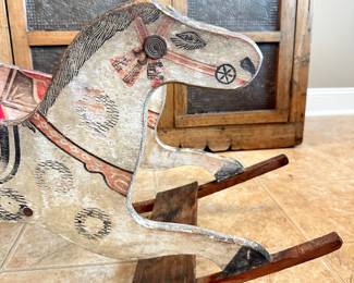 #033		Primitive wooden "shoo-fly" style rocking horse early 20th century 18.5”h x 38.5”l	 $ 350.00 																						