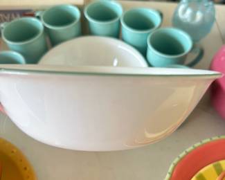 #034		Vintage Corelle by Corning Seafoam/Aquq set of 7 Mugs + 2 Round Serving Bowls	 $ 28.00 																						