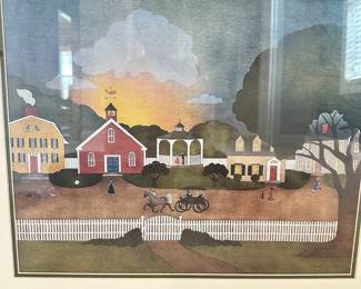 #029		Litho Art Print Country Folk Painting by Barbara A. Palmer A Charming Look At A Quiet Town” Frame mis-aligned in top right corner (shown in picture). 27.5x23.5	 $ 26.00 																						