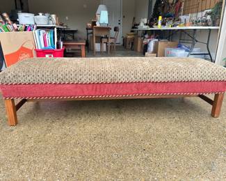 #040 Large upholstered bench. Padded. Red/Gold w diamond pattern. AS IS Wood finish 62.5"w x 22.5"d x 15.5"h $35.00