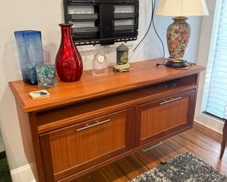 Lamp/Vases. Cabinet attached to wall. Not for sale