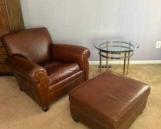 Leather Chair and Ottoman. Gold and glass table
