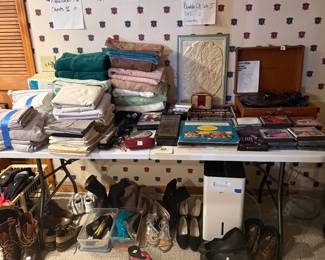 Shoes-ladies size 6, men’s work boots, towels