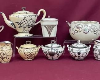 Antique Lenox Silver Overlay Porcelain Tea Service Pieces