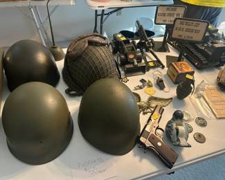 military helmets and gun replica