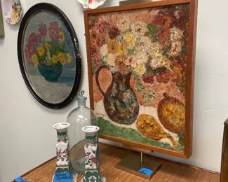 Signed oil paintings and Bok Choy candlesticks