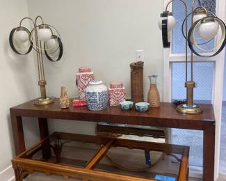 MCM lamps and burl wood console