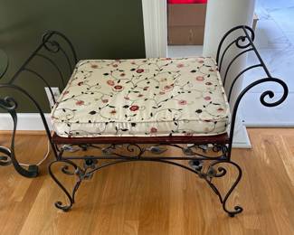 wrought iron, boudoir bench, upholstered, cushioned seat.