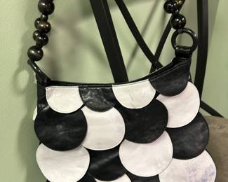 Black / White Petal Tier Pleather Purse with Beaded Straps