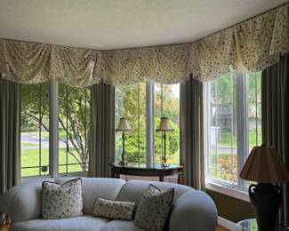 Custom valance matching upholstered chair and pillows 