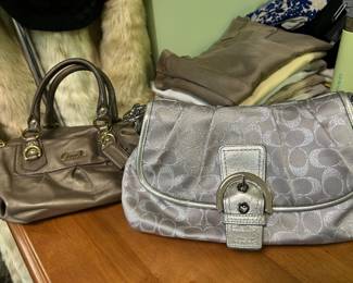 Coach Soho pleated shoulder bag in silver lurex with leather trim and bronze metallic Coach Ashley satchel
