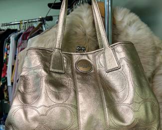 metallic leather Coach Signature Mid Frame Shopper Tote Bag