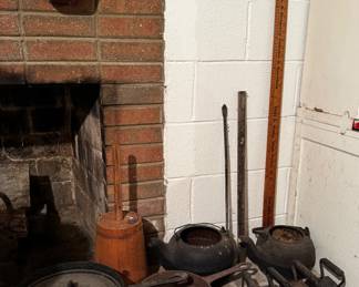 Assorted Cast Iron Pans, Kettles and Sad Irons/Butter Churn