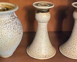Pottery Candlesticks and Vase