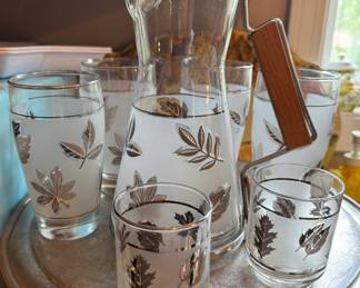 MCM Libbey Silver Leaf frosted pitcher and glasses